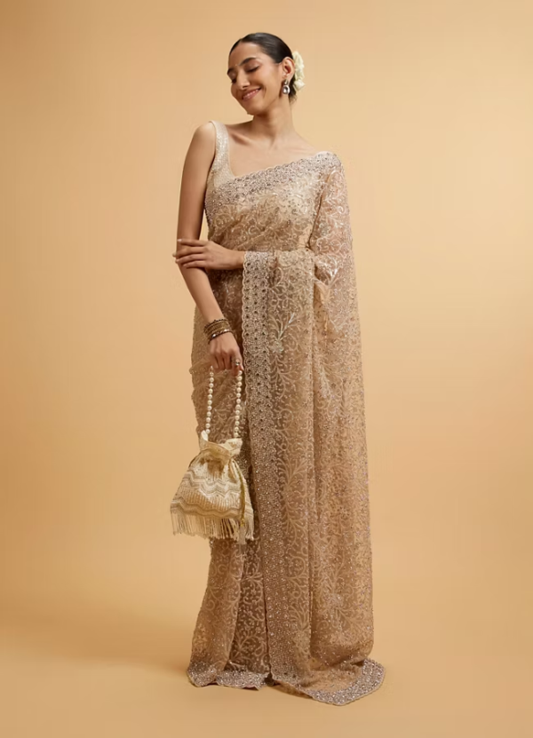 Beige Bel Buti Patterned Stone Embellished Saree