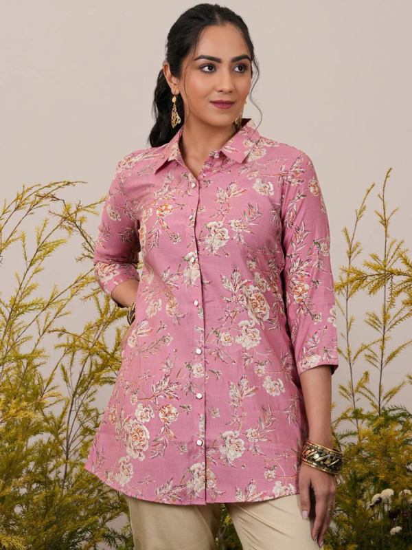 Pink Printed Silk Blend A-Line Kurti – A Fusion of Elegance and Comfort - Image 3