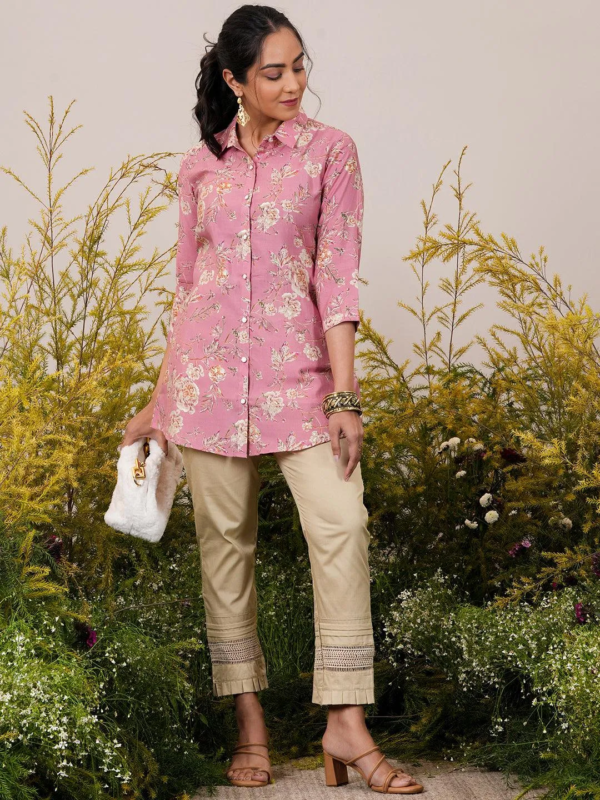 Pink Printed Silk Blend A-Line Kurti – A Fusion of Elegance and Comfort - Image 2