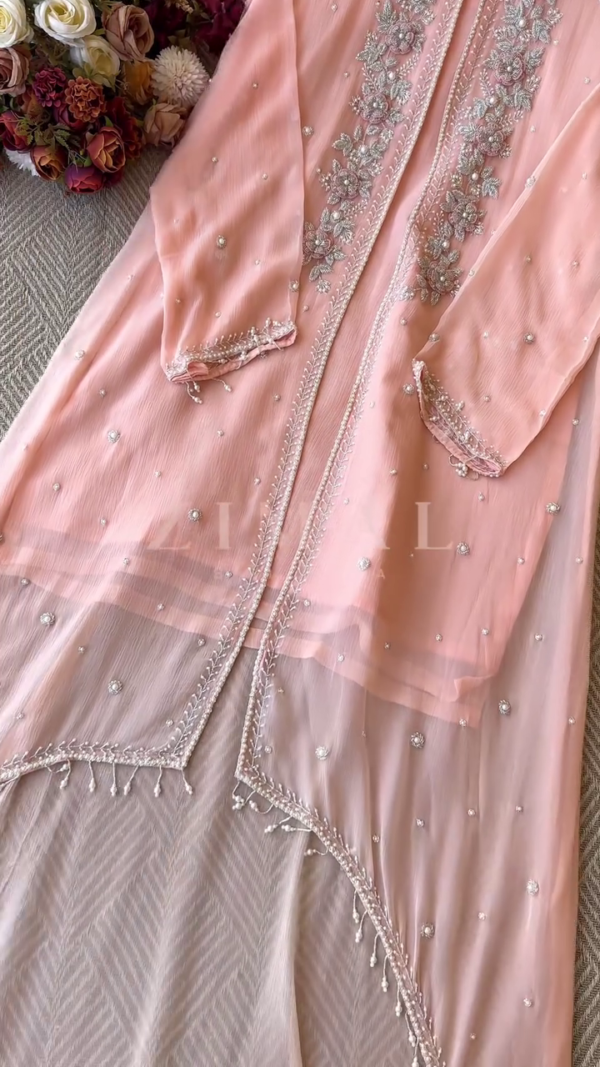 Premium Chiffon handworked jacket style with scalloped organza dupatta - Image 2