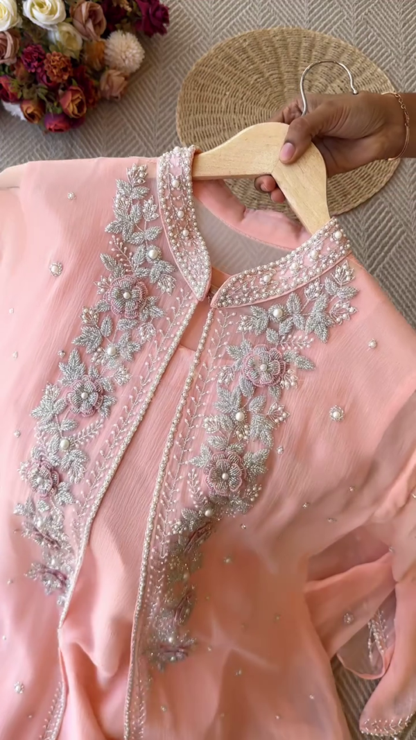 Premium Chiffon handworked jacket style with scalloped organza dupatta - Image 3