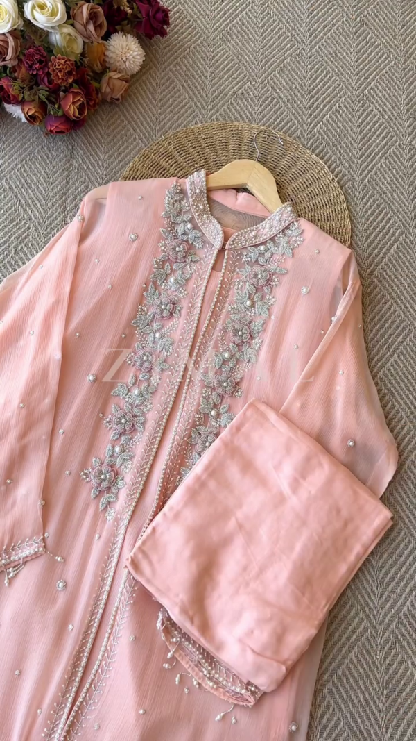 Premium Chiffon handworked jacket style with scalloped organza dupatta - Image 4