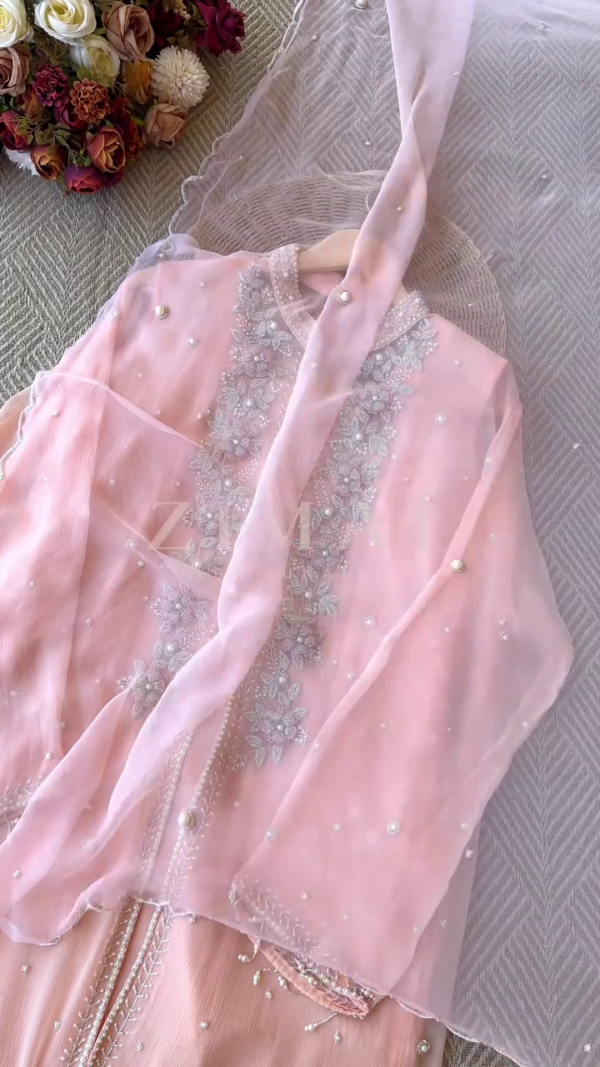 Premium Chiffon handworked jacket style with scalloped organza dupatta - Image 5