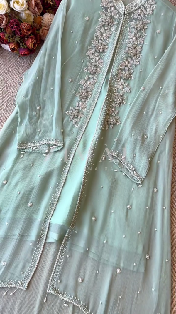 Premium Chiffon handworked jacket style with scalloped organza dupatta