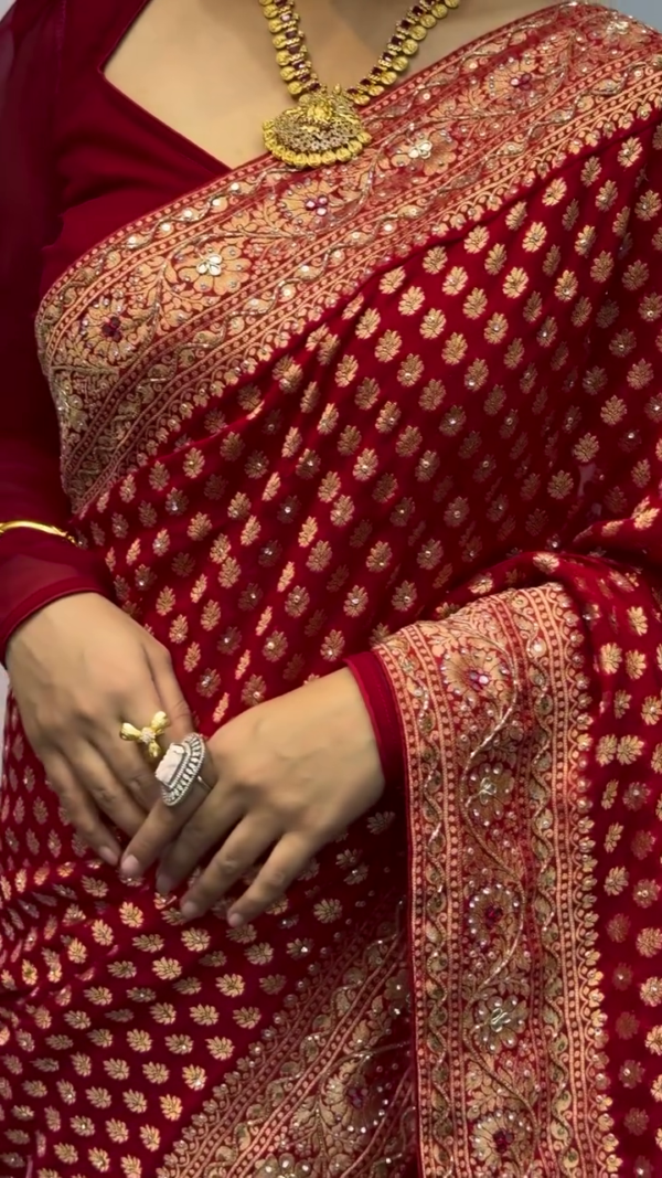 Maroon Pure Banarasi Handloom Georgette Saree – A Regal Blend of Tradition and Elegance - Image 2