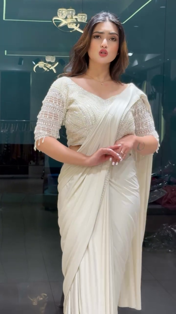 White Drape Saree with Pearl Embroidery – A Graceful Fusion of Elegance and Sophistication - Image 2