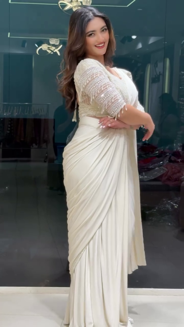 White Drape Saree with Pearl Embroidery – A Graceful Fusion of Elegance and Sophistication - Image 3