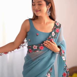 Teal Serenity – A Floral Dream in a Saree
