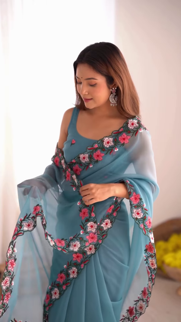 Teal Serenity – A Floral Dream in a Saree - Image 3