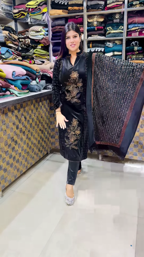Shiroskee Angle: Premium Velvet Party Wear Suit with Shawl - Image 2