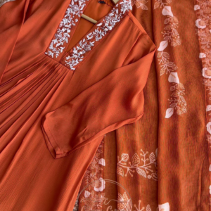 Stunning Chinnon Handwork A-Line Suit (Orange) – A Regal Blend of Grace & Elegance