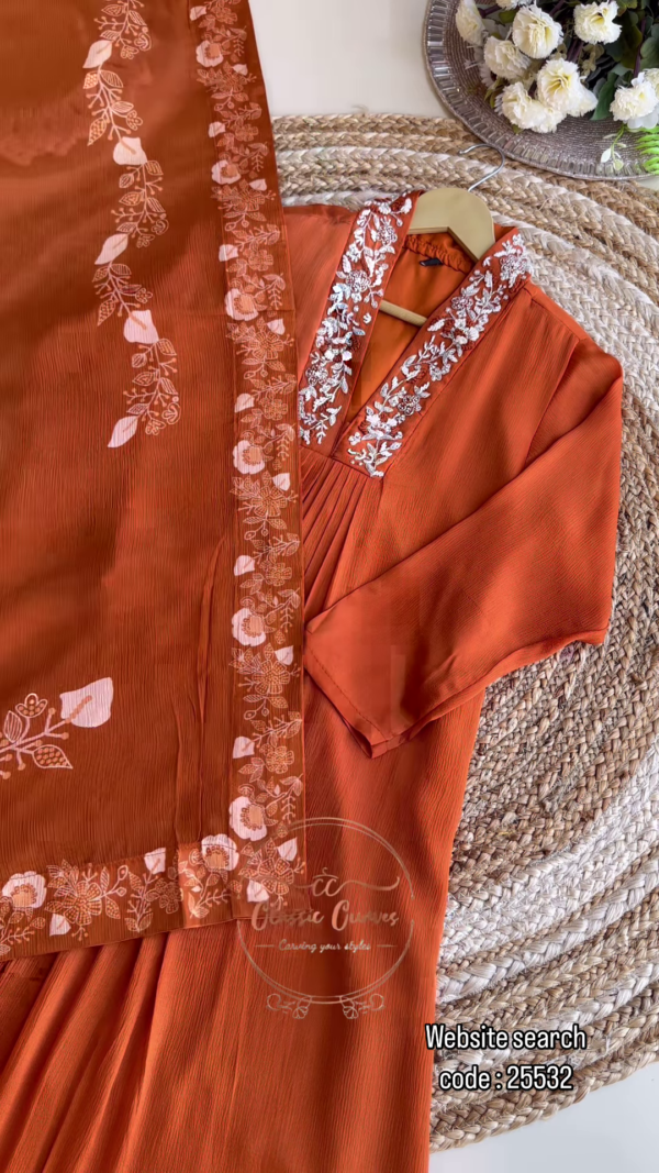 Stunning Chinnon Handwork A-Line Suit (Orange) – A Regal Blend of Grace & Elegance - Image 3