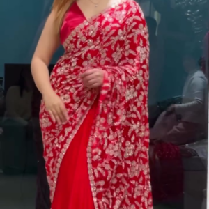Elegant Red Threadwork Georgette Saree – A Fusion of Style and Tradition