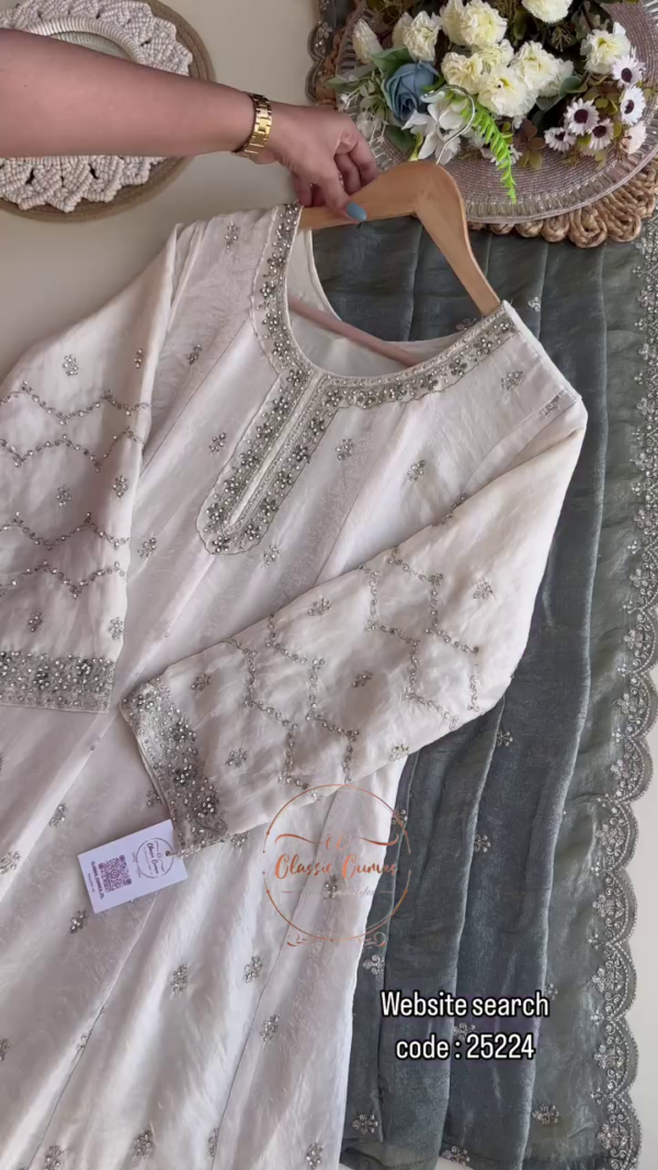 Premium Chiffon Handwork Semi-Stitched Suit – Elegant Silver Ensemble for Every Occasion - Image 2