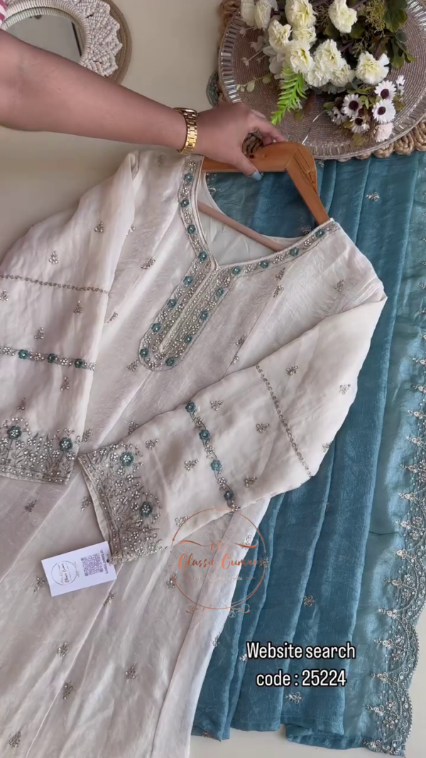Premium Chiffon Handwork Semi-Stitched Suit – Elegant Silver Ensemble for Every Occasion - Image 6