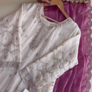 Premium Chiffon Handwork Semi-Stitched Suit – Elegant Silver Ensemble for Every Occasion