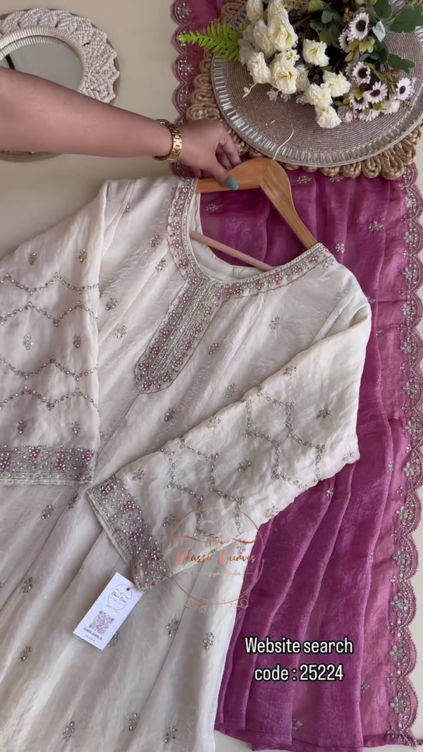 Premium Chiffon Handwork Semi-Stitched Suit – Elegant Silver Ensemble for Every Occasion