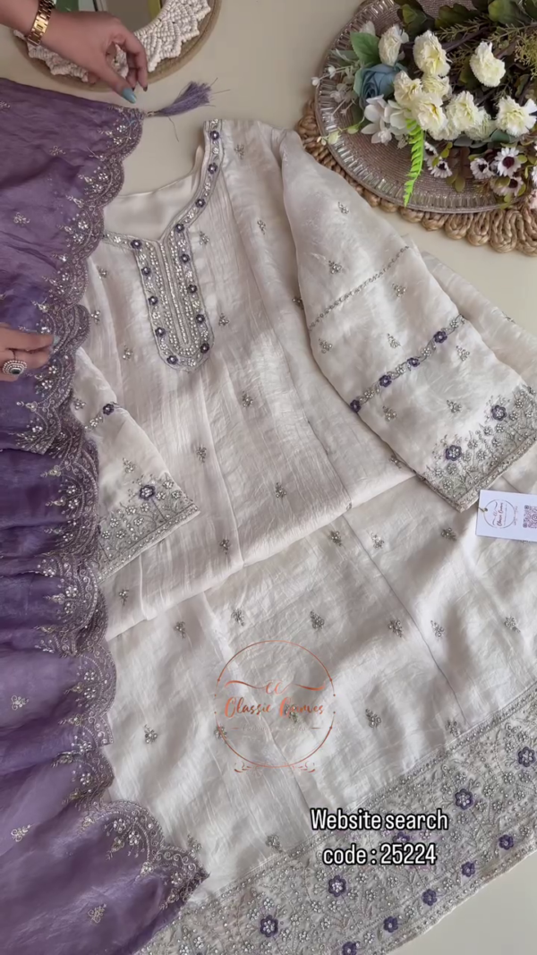 Premium Chiffon Handwork Semi-Stitched Suit – Elegant Silver Ensemble for Every Occasion - Image 5