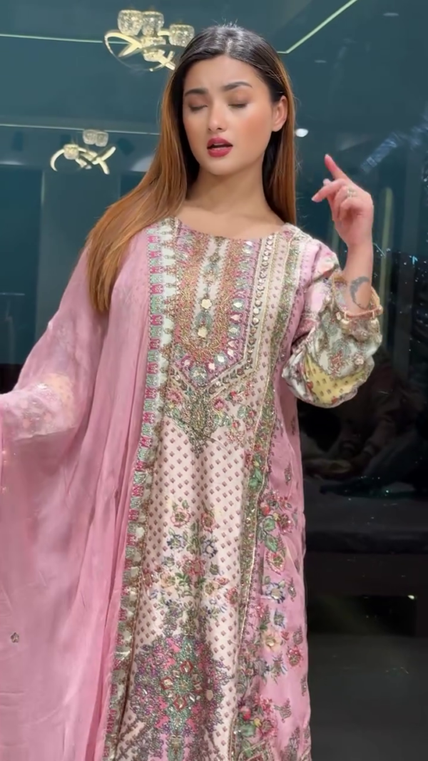 Baby Pink Multicolor Machine Thread Work Plazo Kurti with Dupatta – A Blend of Elegance & Comfort