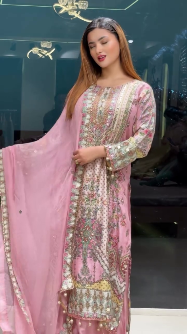 Baby Pink Multicolor Machine Thread Work Plazo Kurti with Dupatta – A Blend of Elegance & Comfort - Image 3