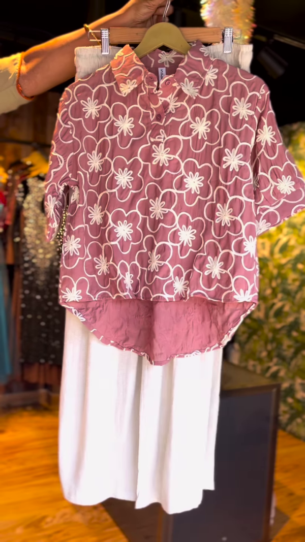 Mauve Floral Printed High-Low Kurti with Off-White Palazzo Pants