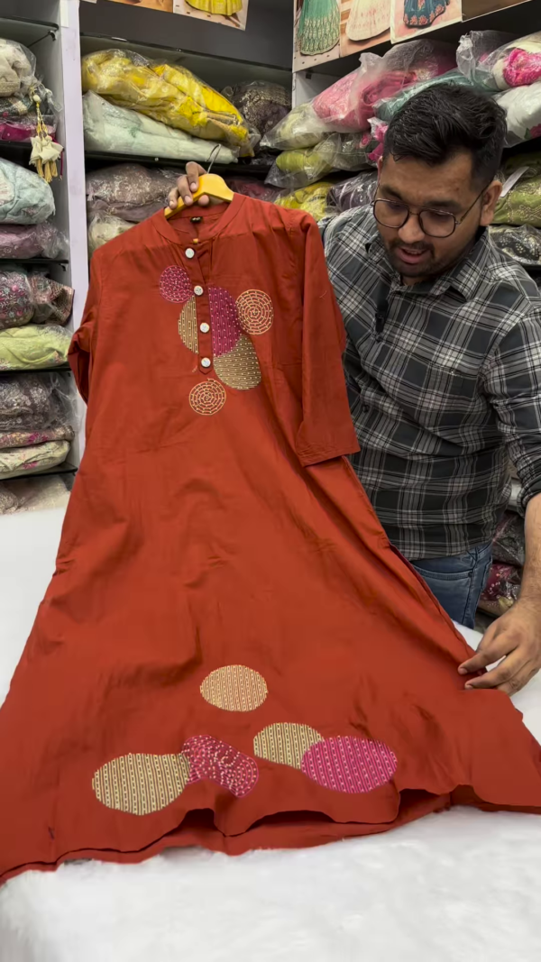 Rust Orange Designer Kurti – Abstract Patchwork Elegance (Also in Purple)