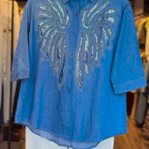 "Statement Rhinestone Angel Wings Shirt – Denim Blue"