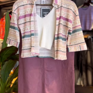 Boho Blend – Textured Crop Shirt & Mauve Skirt Set