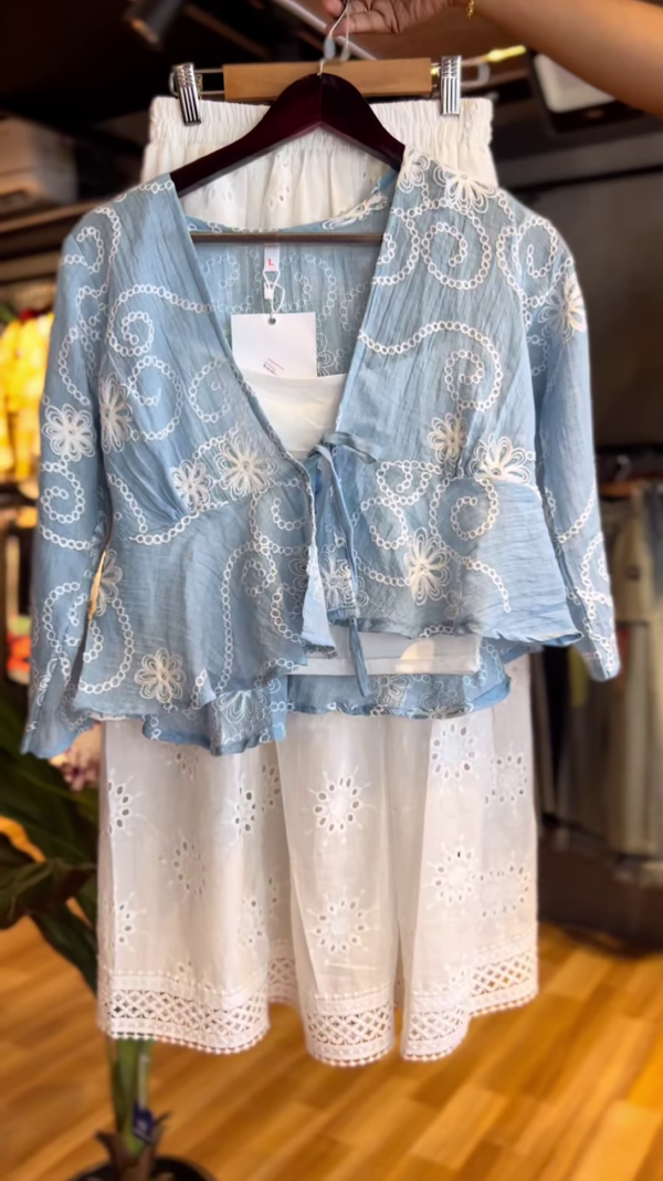 Cloud Blue Daydream – Embroidered Tie-Up Coord Set