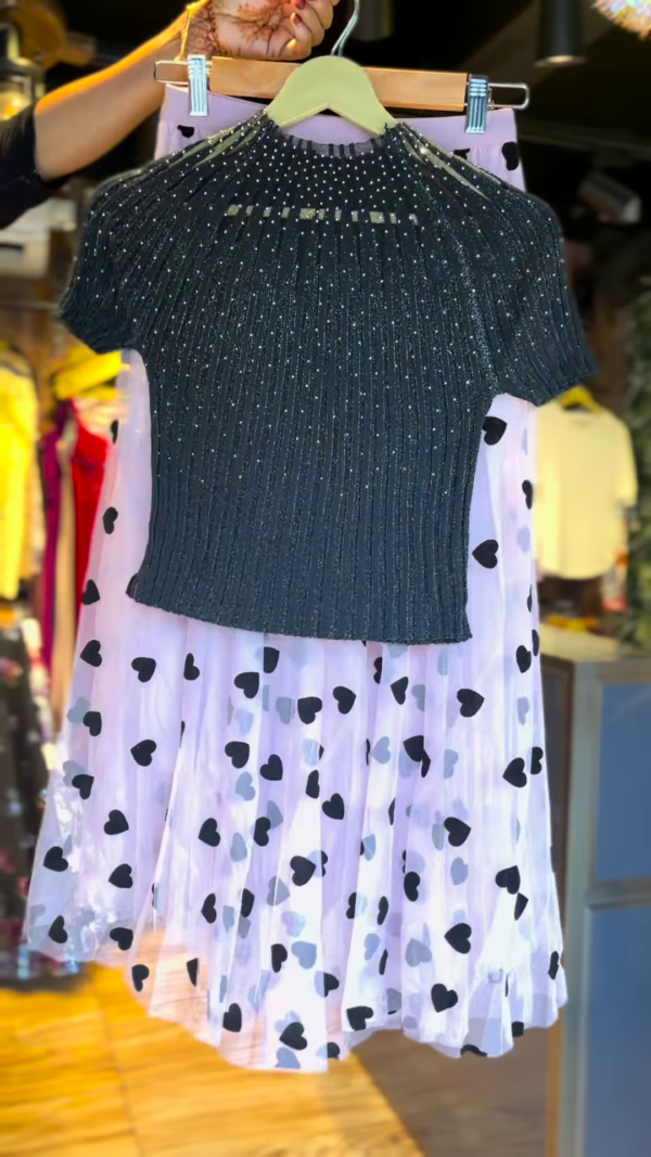 Sparkling Black Knit Top & Heart Print Skirt – Chic Party Co-ord Set