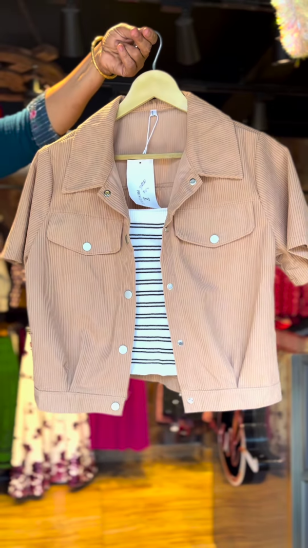 3-Color Corduroy Jacket with Striped Crop Top – Urban Casual Vibe - Image 2
