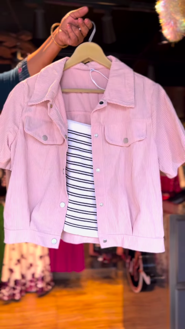 3-Color Corduroy Jacket with Striped Crop Top – Urban Casual Vibe - Image 3