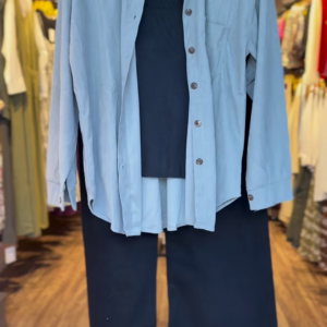 3-Piece Co-ord Set – Powder Blue Shirt with Black Crop Top & Pants