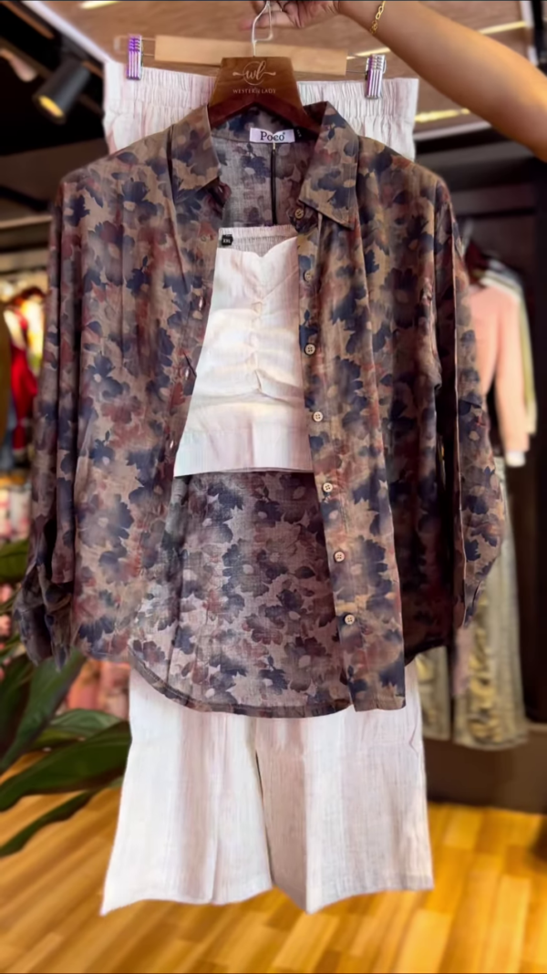 Effortless Chic Three-Piece Co-Ord Set with Abstract Floral Shirt