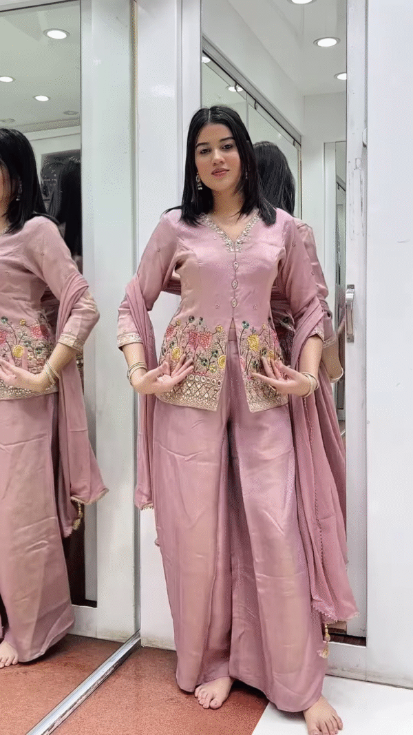 Dusty Rose Embroidered Kurta Set – Elegant Floral Threadwork with Palazzo & Dupatta - Image 3