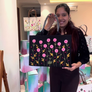 Elegant Black Tote Bag with Pink Floral Embroidery