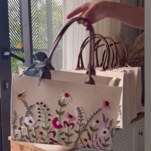 Personalized Cream Tote Bag with Floral Embroidery