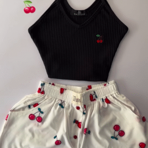 Adorable White Ribbed Tank Top and Shorts Set with Red Hearts - 6 Colors Available