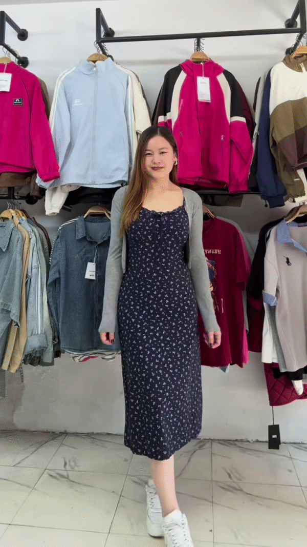 🌸 Charming Navy Blue Floral Midi Dress with Grey Cardigan Ensemble 🌼 - Image 2