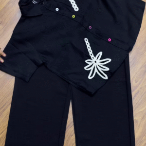 💜 Stylish Purple Embroidered Shirt & Black Wide-Leg Pants Set 🖤