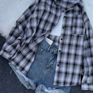 💙 Casual Cool Blue & White Plaid Oversized Shirt with Distressed Denim Shorts 👖
