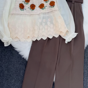 🍂 Bohemian Cream Layered Top with Crochet & Brown Wide-Leg Pants Set 🌼