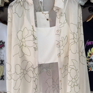 🌸 Breezy White Sheer Floral Oversized Shirt & White Crop Top Set 🤍