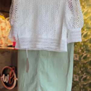 🕊 Elegant White Crochet Lace Top & Soft Green Midi Skirt Ensemble 🌿