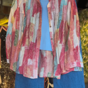 🎨 Artistic Abstract Print Oversized Shirt, Light Blue Top & Wide-Leg Jeans Ensemble 👖