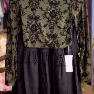 🖤 Elegant Olive Green & Black Patterned Top with Black Eyelet Midi Skirt Ensemble 🌿