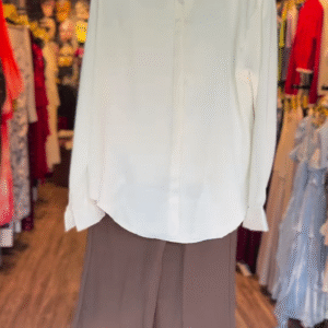 🕊 Classic White Long-Sleeved Button-Down Shirt & Flowing Brown Wide-Leg Pants Set 🍂