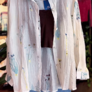 🌸 Delicate White Sheer Floral Embroidered Oversized Shirt, Brown Top & Blue Jeans Ensemble 👖