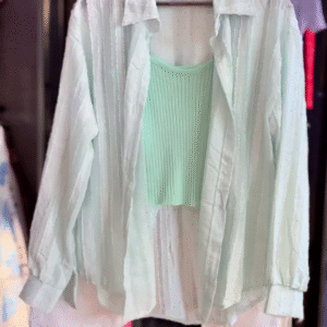 💙 Breezy Light Blue Sheer Striped Oversized Shirt, Mint Green Top & White Shorts Set 💚