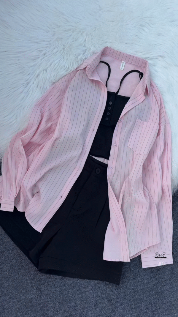 💖 Edgy Chic Sheer Pink Pinstriped Oversized Shirt, Black Crop Top & Shorts Set 🖤 - Image 2